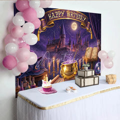 Aperturee - Aperturee Purple Magical Castle Birthday Backdrop Enchanted Night Sky with Wizard Hats and Happy Birthday Banner.