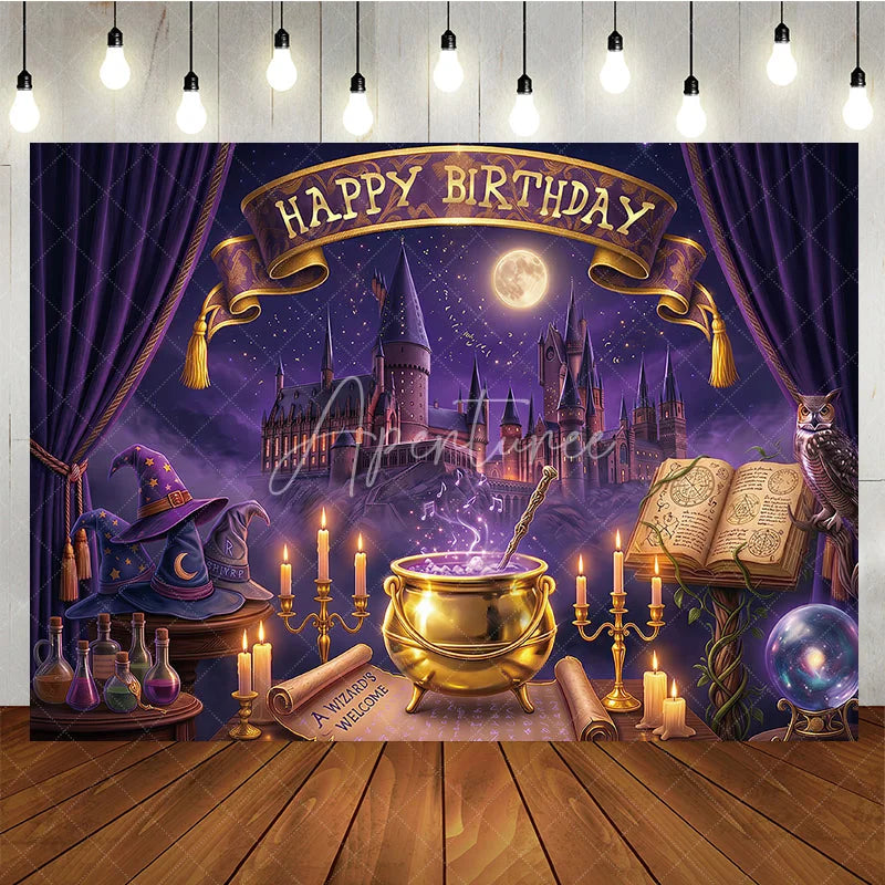 Aperturee - Aperturee Purple Magical Castle Birthday Backdrop Enchanted Night Sky with Wizard Hats and Happy Birthday Banner.