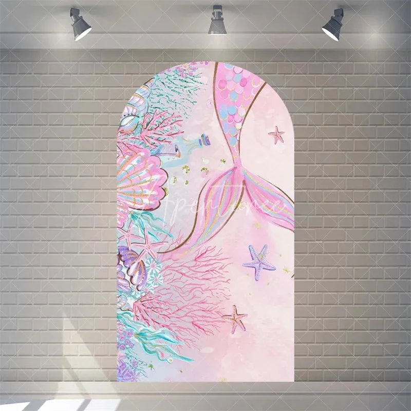 Aperturee - Aperturee Purple Mermaid Princess Arch Backdrop Shimmery Underwater Sea Birthday Arch Decor Girls Party Photo Prop with Shells
