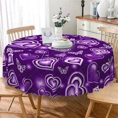 Aperturee - Aperturee Purple Neon Heart Butterfly Round Tablecloth Glowing Romantic Love Table Cover for Dinner
