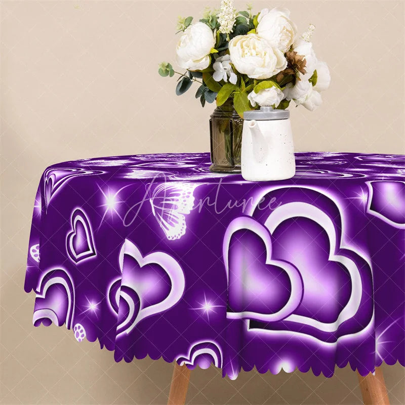 Aperturee - Aperturee Purple Neon Heart Butterfly Round Tablecloth Magical Glowing Love Table Cover for Dinner