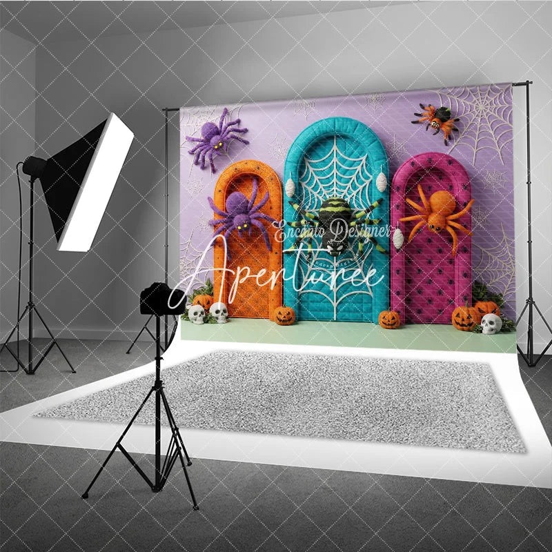 Aperturee - Aperturee Purple Orange Teal Pink Halloween Spiders and Arched Doors Backdrop Spooky Party Decor with Pumpkins and Skulls