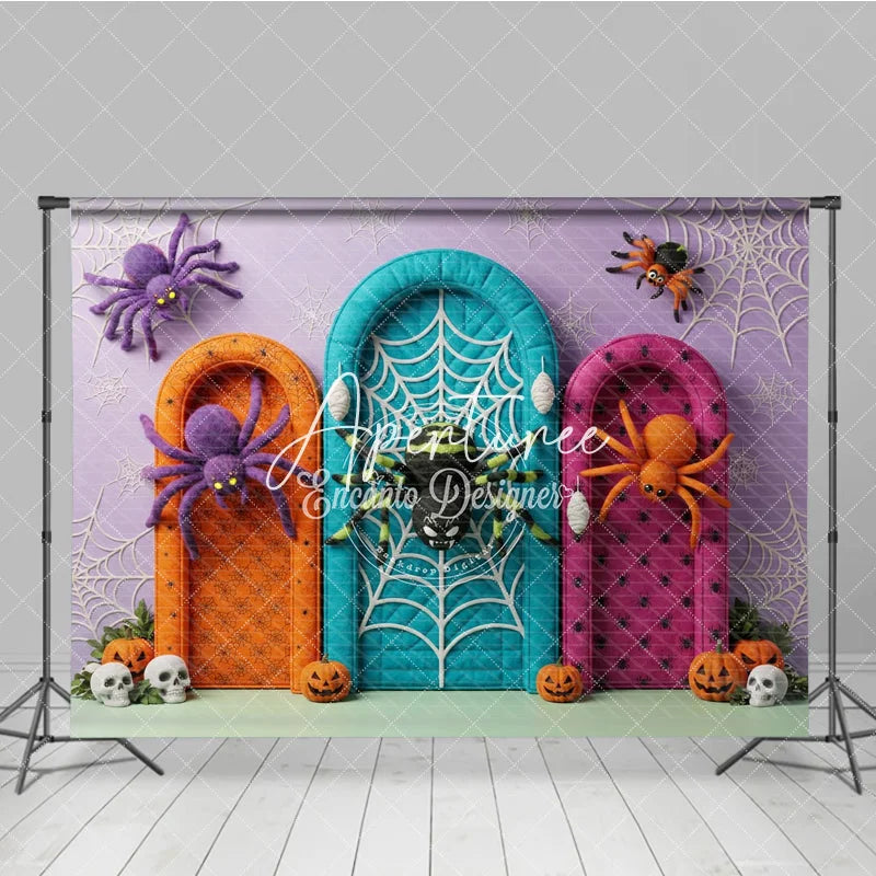 Aperturee - Aperturee Purple Orange Teal Pink Halloween Spiders and Arched Doors Backdrop Spooky Party Decor with Pumpkins and Skulls