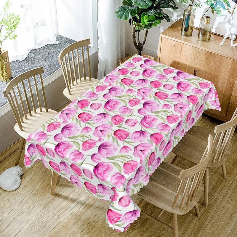 Aperturee - Aperturee Purple Pink Tulip Rectangle Tablecloth Watercolor Spring Flower Table Cover Elegant Dining Room Home Decor