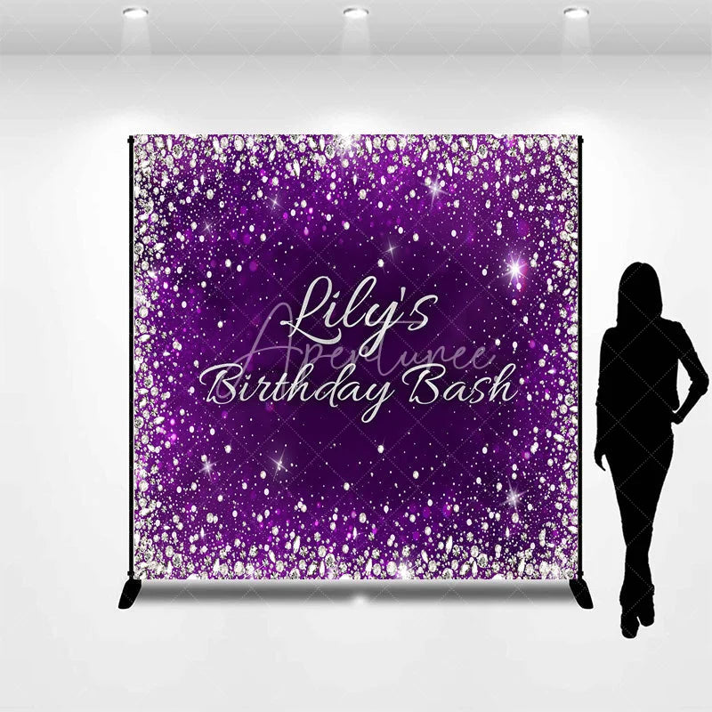 Aperturee - Aperturee Purple Silver Glitter Diamond Custom Birthday Backdrop Personalized Elegant Party Celebration Decor.