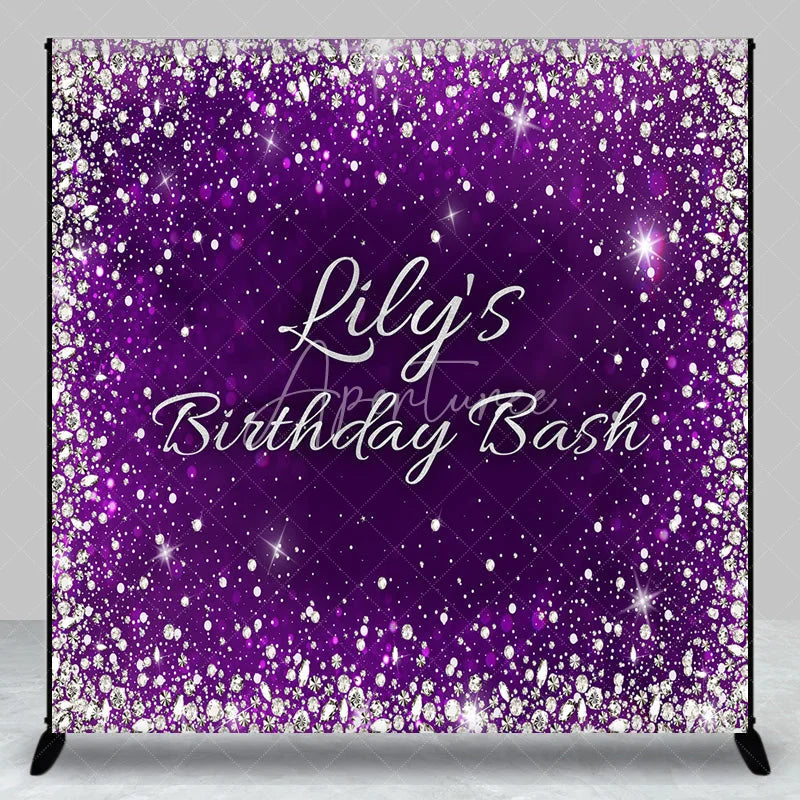 Aperturee - Aperturee Purple Silver Glitter Diamond Custom Birthday Backdrop Personalized Elegant Party Celebration Decor.
