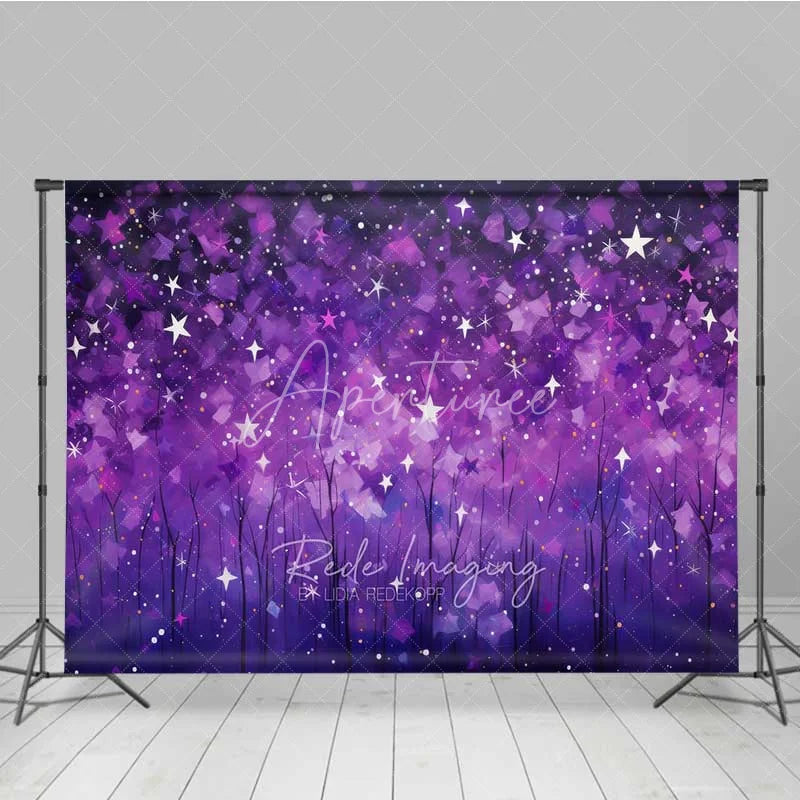 Aperturee - Aperturee Purple Starry Night Photography Backdrop Abstract Galaxy Forest Photo Background Magic Dreamy Sky Photo Booth Prop