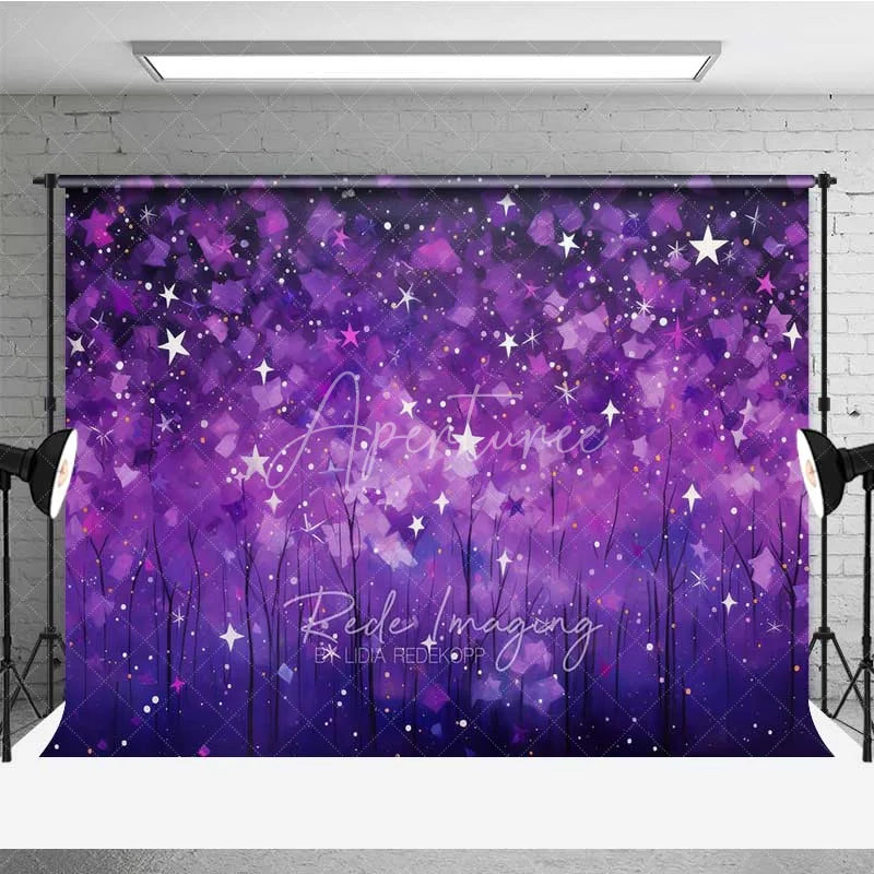 Aperturee - Aperturee Purple Starry Night Photography Backdrop Abstract Galaxy Forest Photo Background Magic Dreamy Sky Photo Booth Prop