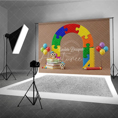 Aperturee - Aperturee Puzzle Arch Back To School Backdrop Colorful Jigsaw Pieces Cute Owls Books Background Kindergarten Photography