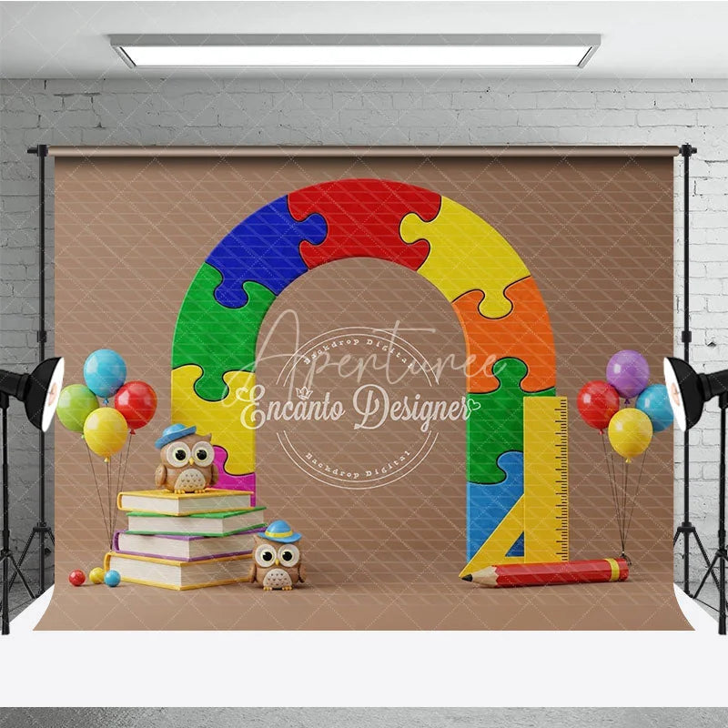 Aperturee - Aperturee Puzzle Arch Back To School Backdrop Colorful Jigsaw Pieces Cute Owls Books Background Kindergarten Photography