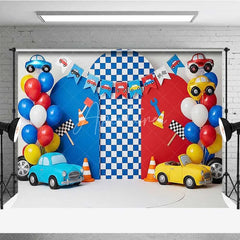 Aperturee - Aperturee Racing Car Photography Backdrop Red and Blue Cars Checkered Flag Party Banner