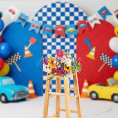 Aperturee - Aperturee Racing Car Photography Backdrop Red and Blue Cars Checkered Flag Party Banner