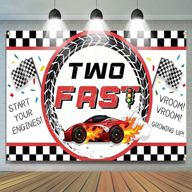 Aperturee - Aperturee Racing Car Two Fast Happy Birthday Backdrop Sports Party Decor Boys Photo Booth Background