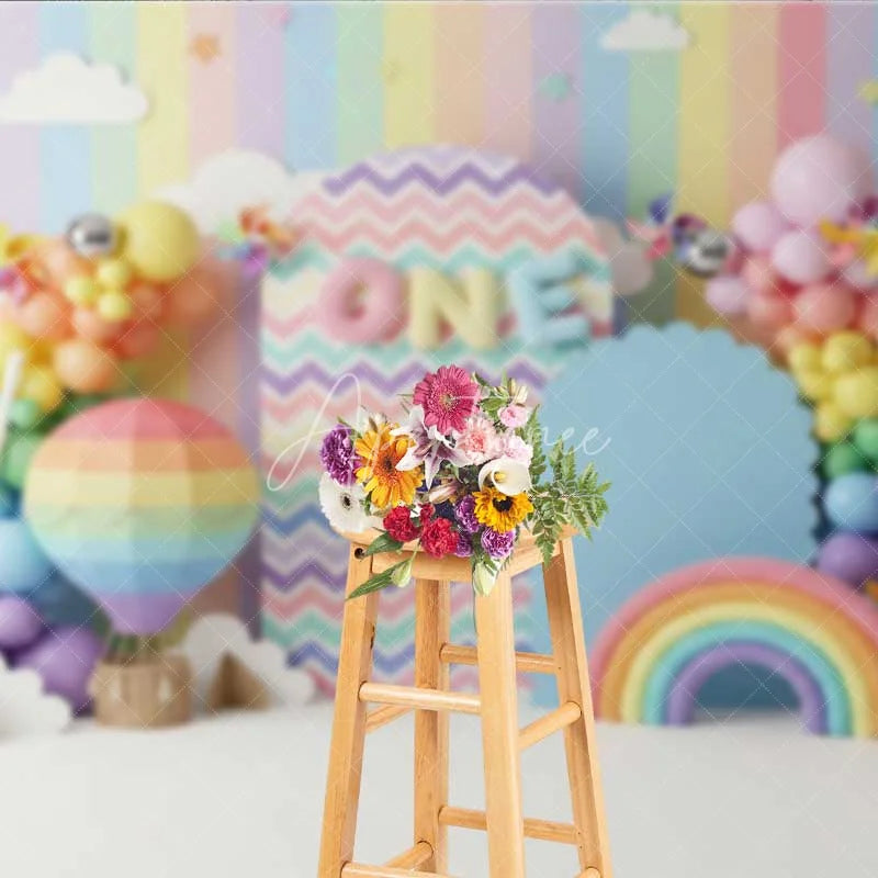 Aperturee - Aperturee Rainbow 1st Birthday Photography Backdrop Hot Air Balloon and Sun Party Banner