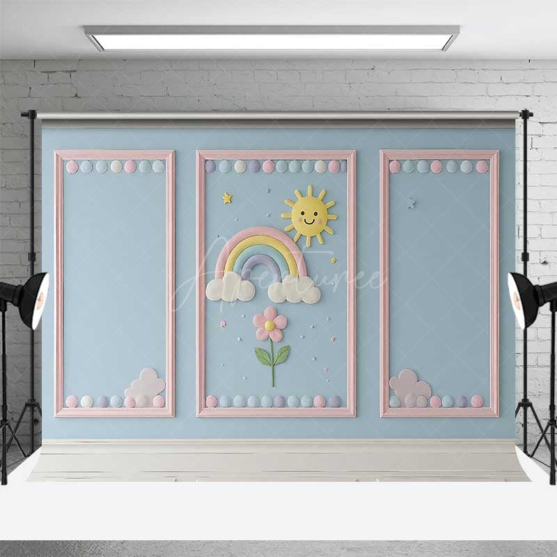 Aperturee Aperturee Rainbow and Sunshine Cake Smash Backdrop Blue Wall with Pink Frames Kids First Birthday Photography Prop