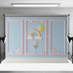 Aperturee Aperturee Rainbow and Sunshine Cake Smash Backdrop Blue Wall with Pink Frames Kids First Birthday Photography Prop