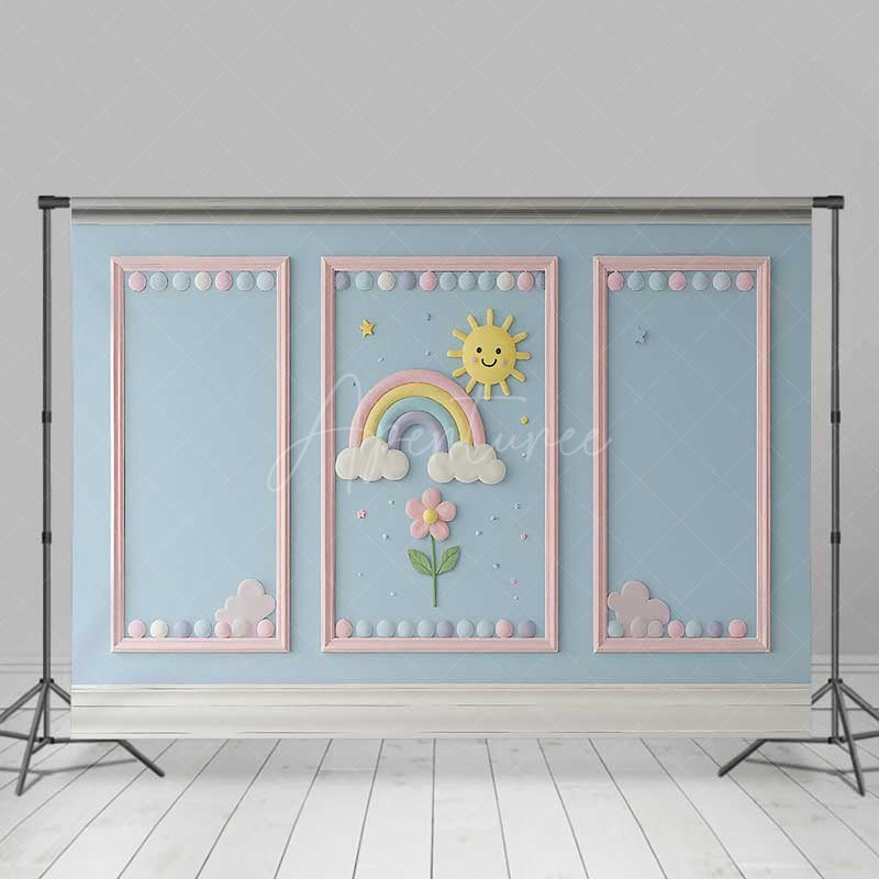 Aperturee Aperturee Rainbow and Sunshine Cake Smash Backdrop Blue Wall with Pink Frames Kids First Birthday Photography Prop