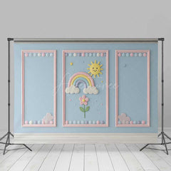 Aperturee Aperturee Rainbow and Sunshine Cake Smash Backdrop Blue Wall with Pink Frames Kids First Birthday Photography Prop