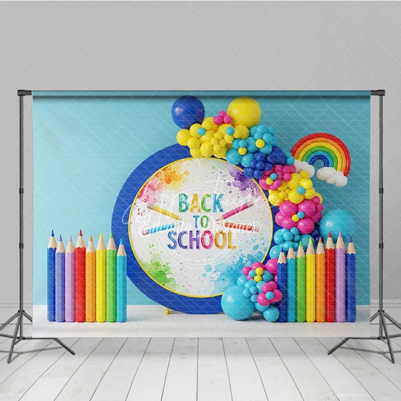Aperturee - Aperturee Rainbow Back To School Backdrop Colored Pencils Balloon Garland Background Kindergarten Photography Banner
