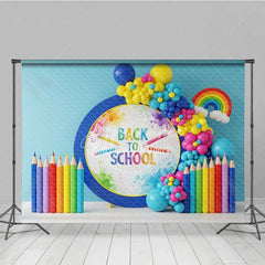 Aperturee - Aperturee Rainbow Back To School Backdrop Colored Pencils Balloon Garland Background Kindergarten Photography Banner