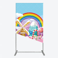 Aperturee - Aperturee Rainbow Candy Land Rectangle Arch Backdrop Whimsical Windmill and Sweet Lollipops Decor