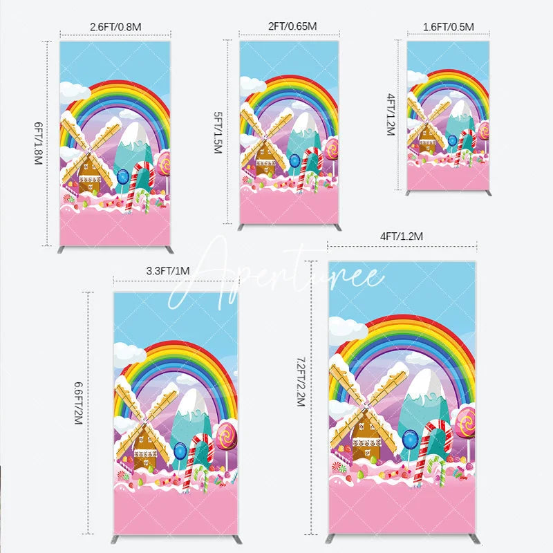 Aperturee - Aperturee Rainbow Candy Land Rectangle Arch Backdrop Whimsical Windmill and Sweet Lollipops Decor