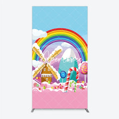 Aperturee - Aperturee Rainbow Candy Land Rectangle Arch Backdrop Whimsical Windmill and Sweet Lollipops Decor
