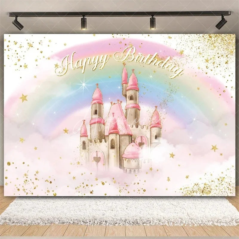 Aperturee - Aperturee Rainbow Castle Happy Birthday Backdrop Colorful Princess Party Decor Birthday Banner Fantasy Photo Booth Background
