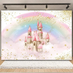 Aperturee - Aperturee Rainbow Castle Happy Birthday Backdrop Colorful Princess Party Decor Birthday Banner Fantasy Photo Booth Background