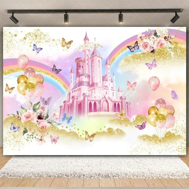 Aperturee - Aperturee Rainbow Castle Happy Birthday Backdrop Colorful Princess Party Decor Birthday Banner Fantasy Photo Booth Background
