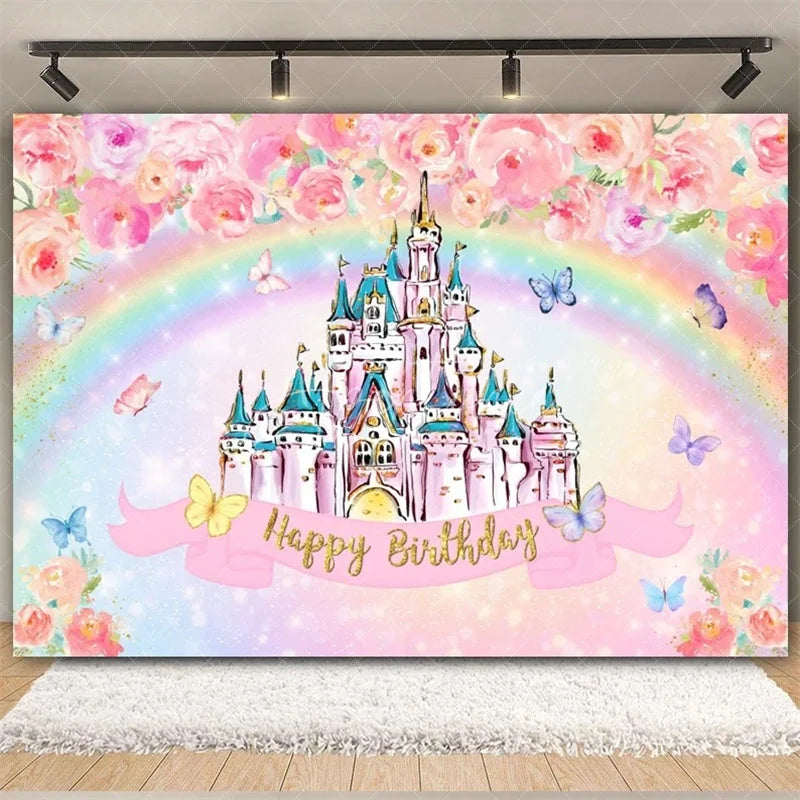 Aperturee - Aperturee Rainbow Castle Happy Birthday Backdrop Colorful Princess Party Decor Birthday Banner Fantasy Photo Booth Background