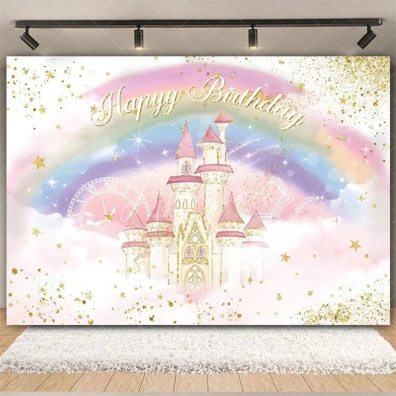 Aperturee - Aperturee Rainbow Castle Happy Birthday Backdrop Colorful Princess Party Decor Birthday Banner Fantasy Photo Booth Background