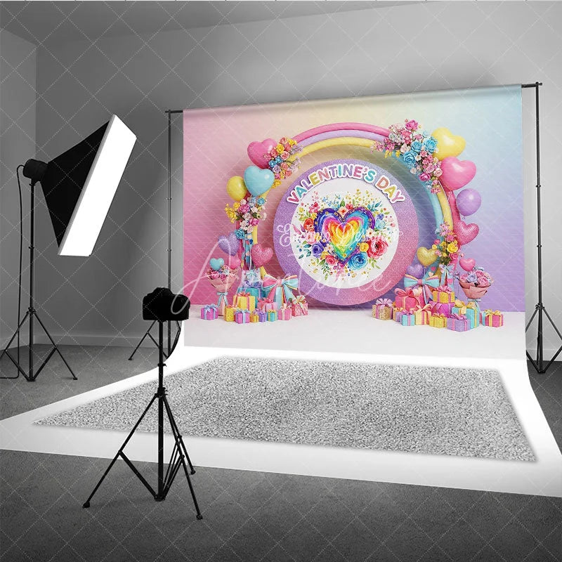 Aperturee - Aperturee Rainbow Heart Valentine Day Backdrop Colorful Balloon Arch Pastel Flowers Background Romantic Photography Prop
