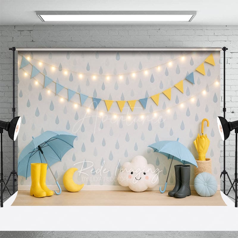 Aperturee - Aperturee Rainy Day Sky Light Flags Wooden Combo Set Backdrop
