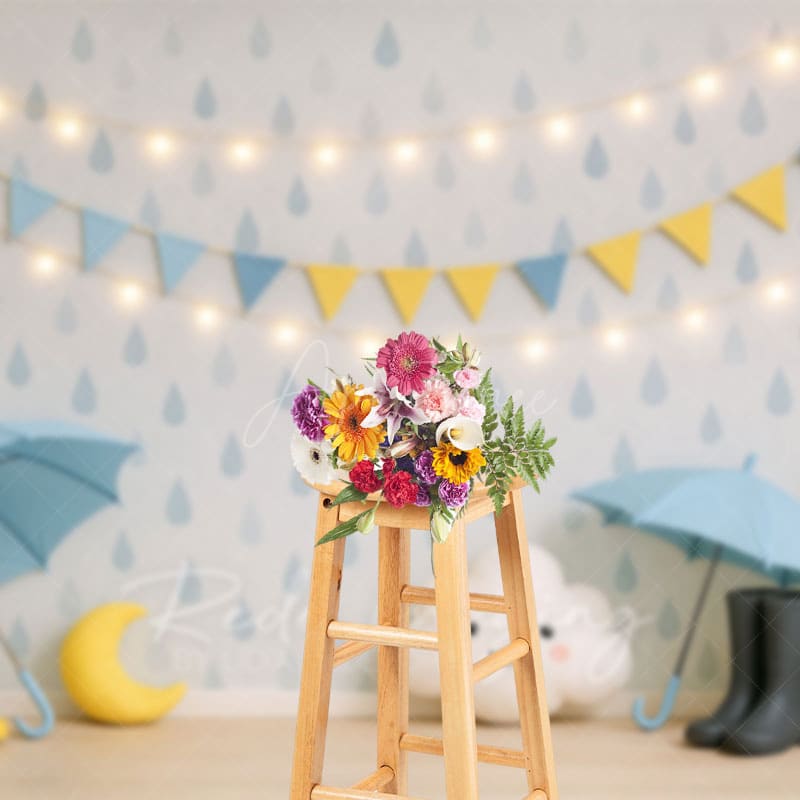 Aperturee - Aperturee Rainy Day With Umbrellas Cloudy Cake Smash Backdrop
