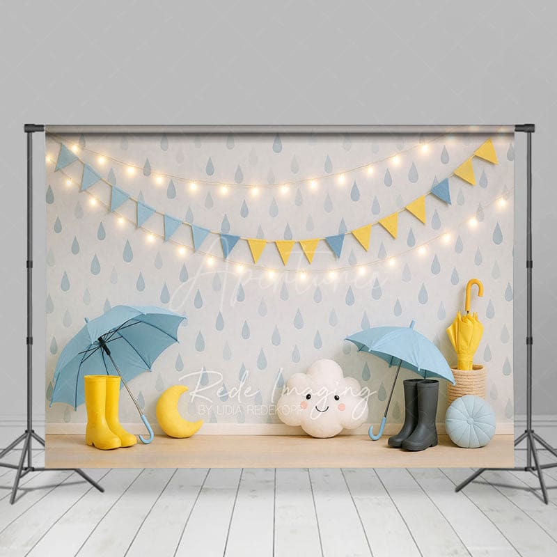 Aperturee - Aperturee Rainy Day With Umbrellas Cloudy Cake Smash Backdrop