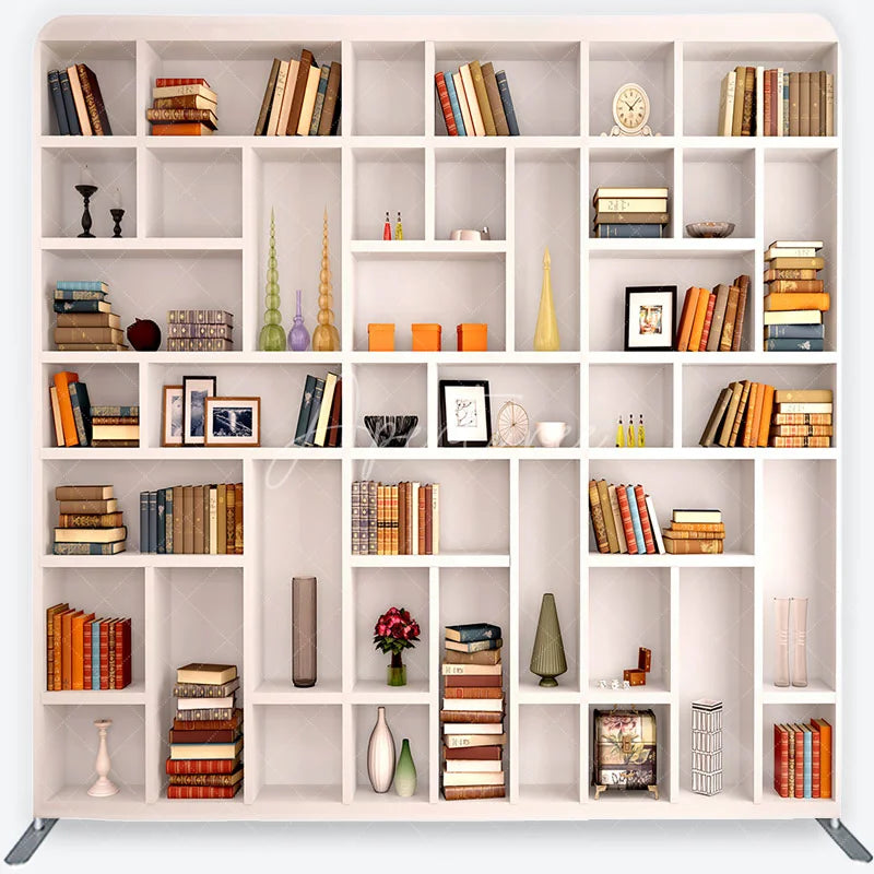 Aperturee - Aperturee Realistic Bookshelf with Classic Books and Elegant Decor Square Double-Sided Backdrop Study Library Photo Prop