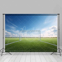 Aperturee - Aperturee Realistic Sports Soccer Field Goal Backdrop Green Grass Blue Sky Photography Background for Party