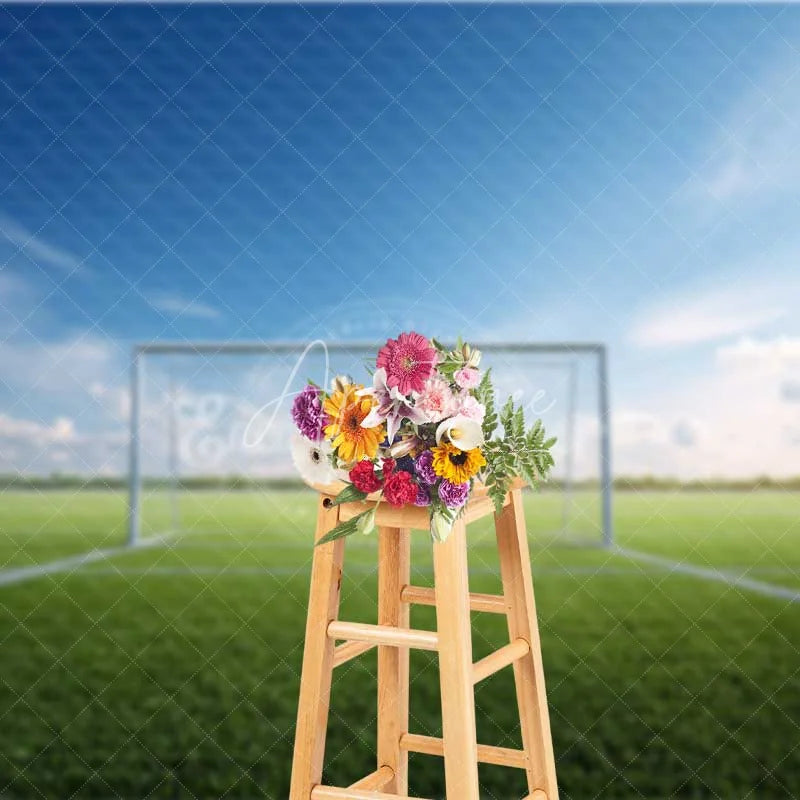 Aperturee - Aperturee Realistic Sports Soccer Field Goal Backdrop Green Grass Blue Sky Photography Background for Party