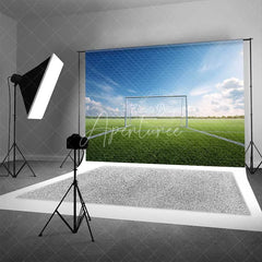 Aperturee - Aperturee Realistic Sports Soccer Field Goal Backdrop Green Grass Blue Sky Photography Background for Party