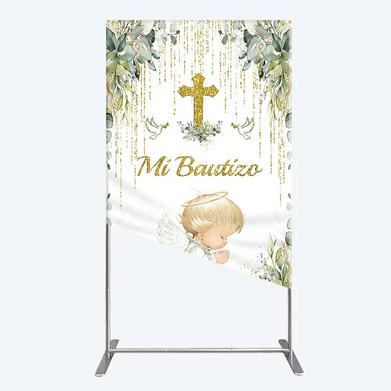 Aperturee - Aperturee Rectangle Backdrop Mi Bautizo Angel Gold Cross Cover Greenery Eucalyptus Baptism Chiara Wall Background Religious