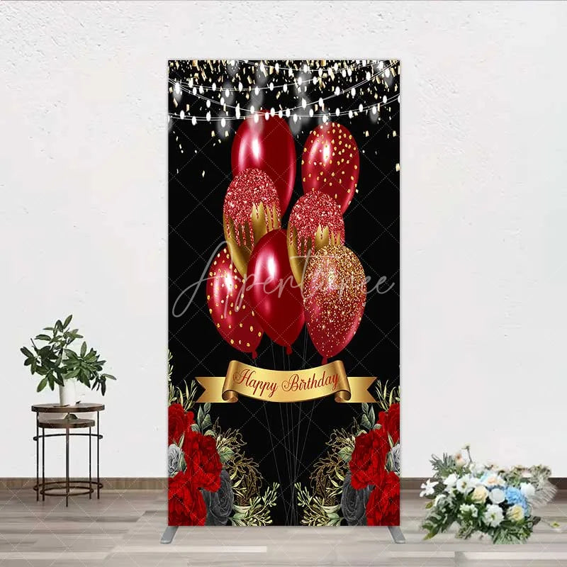 Aperturee - Aperturee Rectangle Backdrop Red Gold Balloons Happy Birthday Cover Black Floral Rose Chiara Wall Background Party Decoration