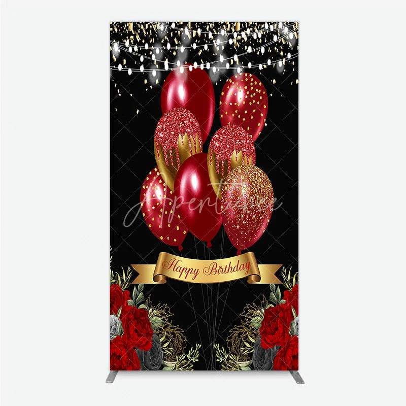 Aperturee - Aperturee Rectangle Backdrop Red Gold Balloons Happy Birthday Cover Black Floral Rose Chiara Wall Background Party Decoration