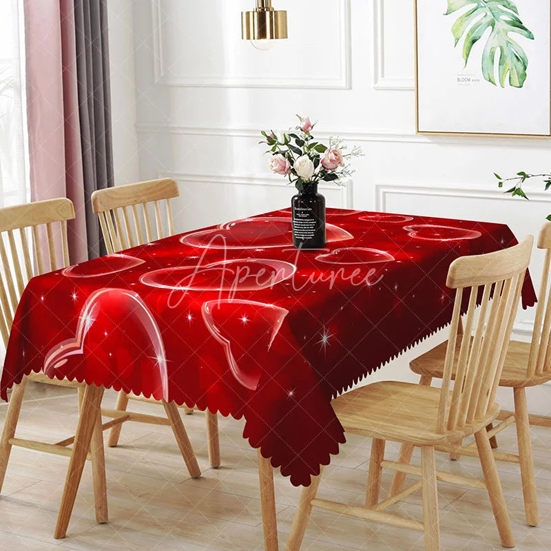 Aperturee - Aperturee Red 3D Bubble Heart Rectangle Tablecloth Glossy Floating Love Pattern Modern Romantic Party Decor