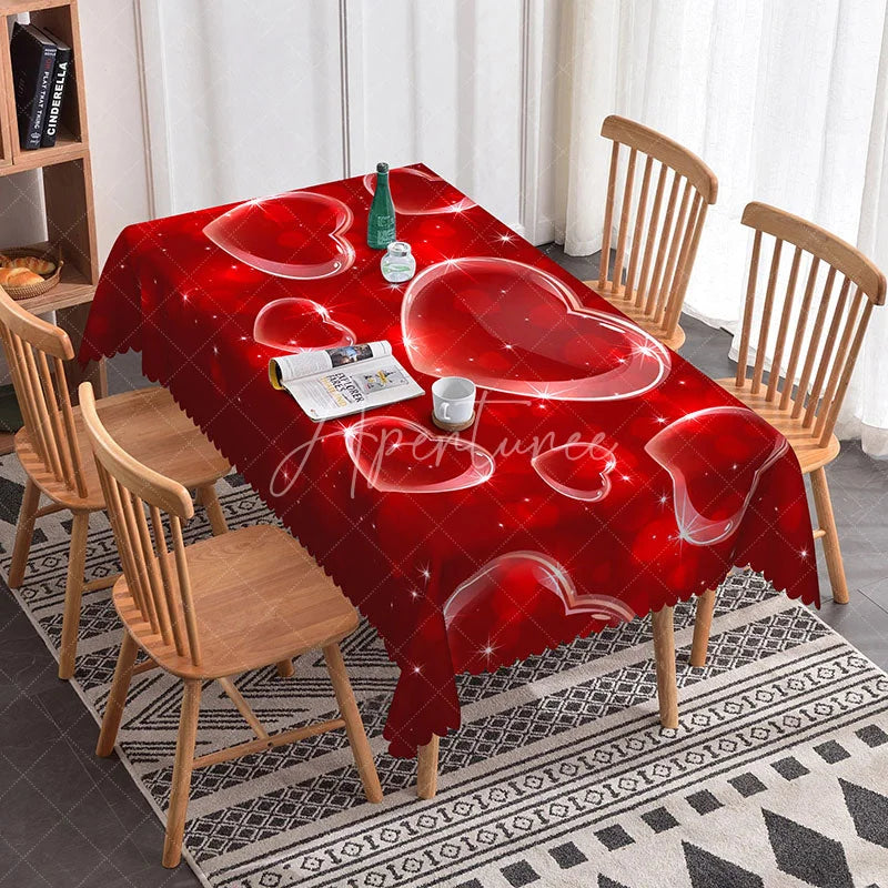Aperturee - Aperturee Red 3D Bubble Heart Rectangle Tablecloth Glossy Floating Love Pattern Modern Romantic Party Decor