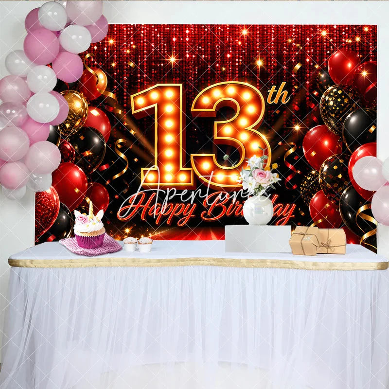 Aperturee - Aperturee Red and Black 13th Birthday Backdrop with Gold Marquee Number 13 Red Carpet and Balloon Party Decoration