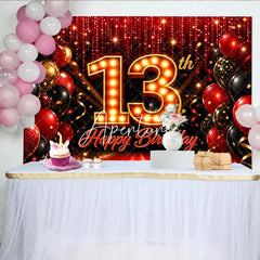 Aperturee - Aperturee Red and Black 13th Birthday Backdrop with Gold Marquee Number 13 Red Carpet and Balloon Party Decoration
