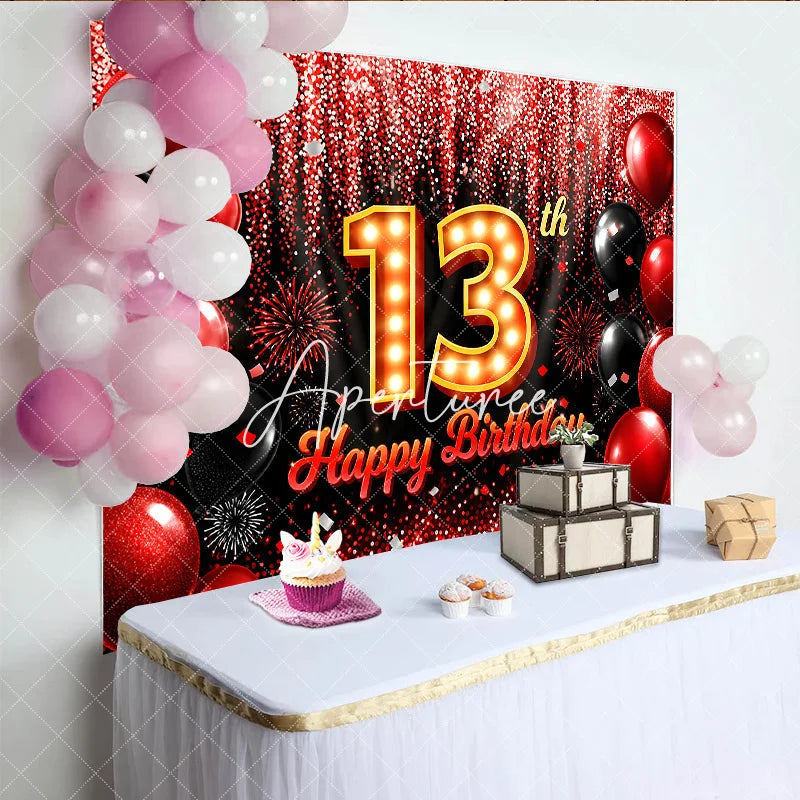Aperturee - Aperturee Red and Black 13th Birthday Backdrop with Marquee Light Number Thirteen Glitter Balloon Party Decoration