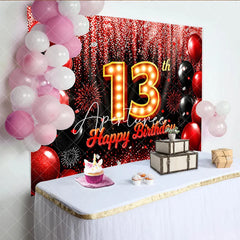 Aperturee - Aperturee Red and Black 13th Birthday Backdrop with Marquee Light Number Thirteen Glitter Balloon Party Decoration