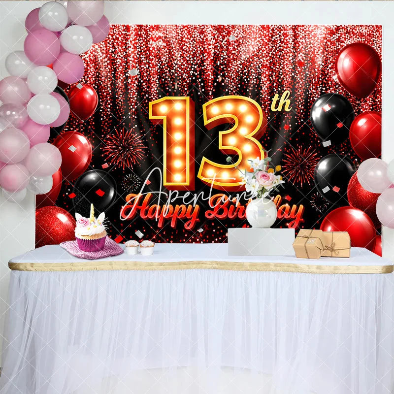 Aperturee - Aperturee Red and Black 13th Birthday Backdrop with Marquee Light Number Thirteen Glitter Balloon Party Decoration